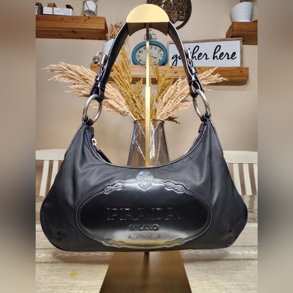 Prada Black Canapa Logo Tessuto Hobo Bag